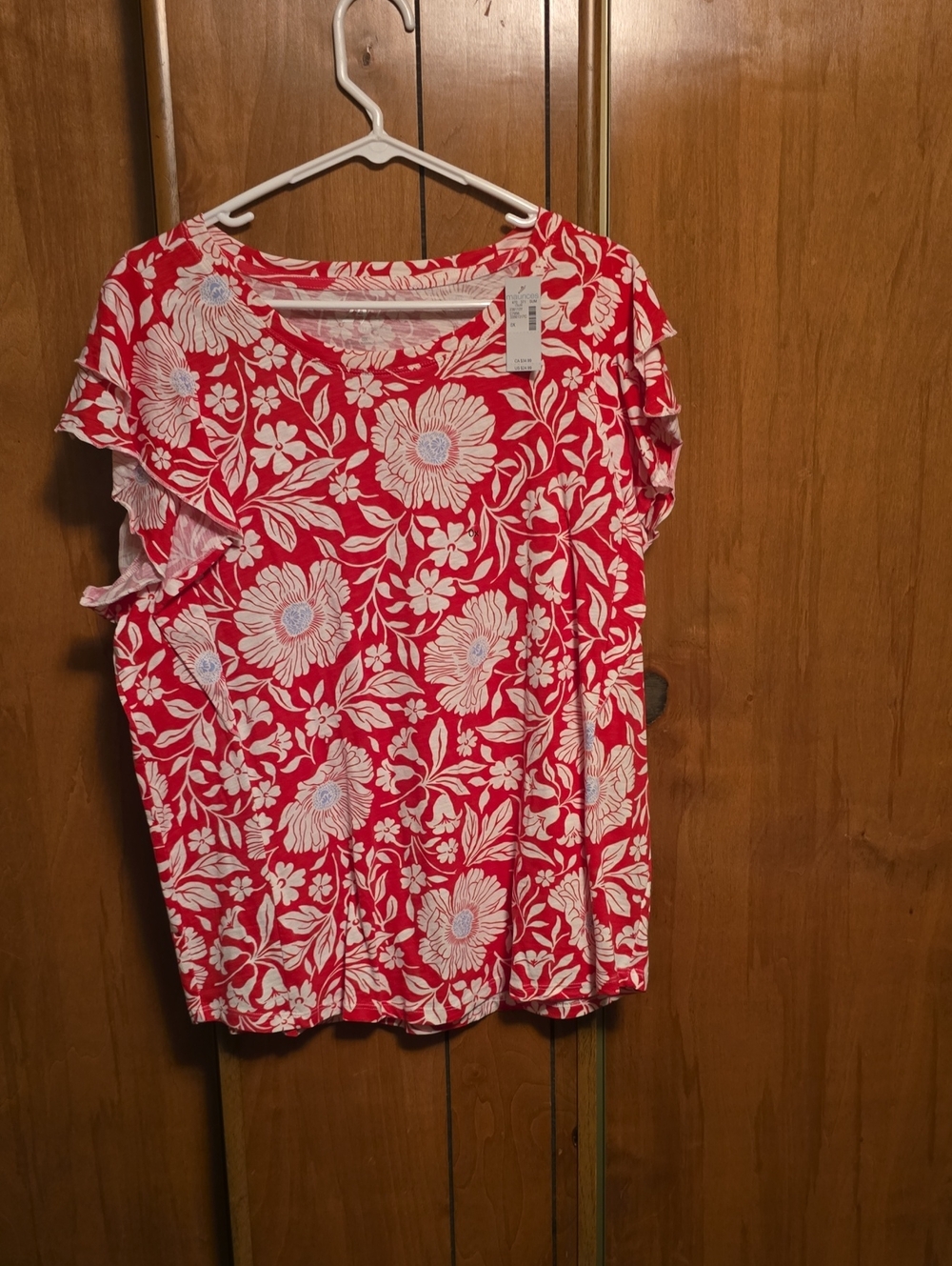 Maurices Red and White Floral Ruffle Sleeve Tee, Size 0x